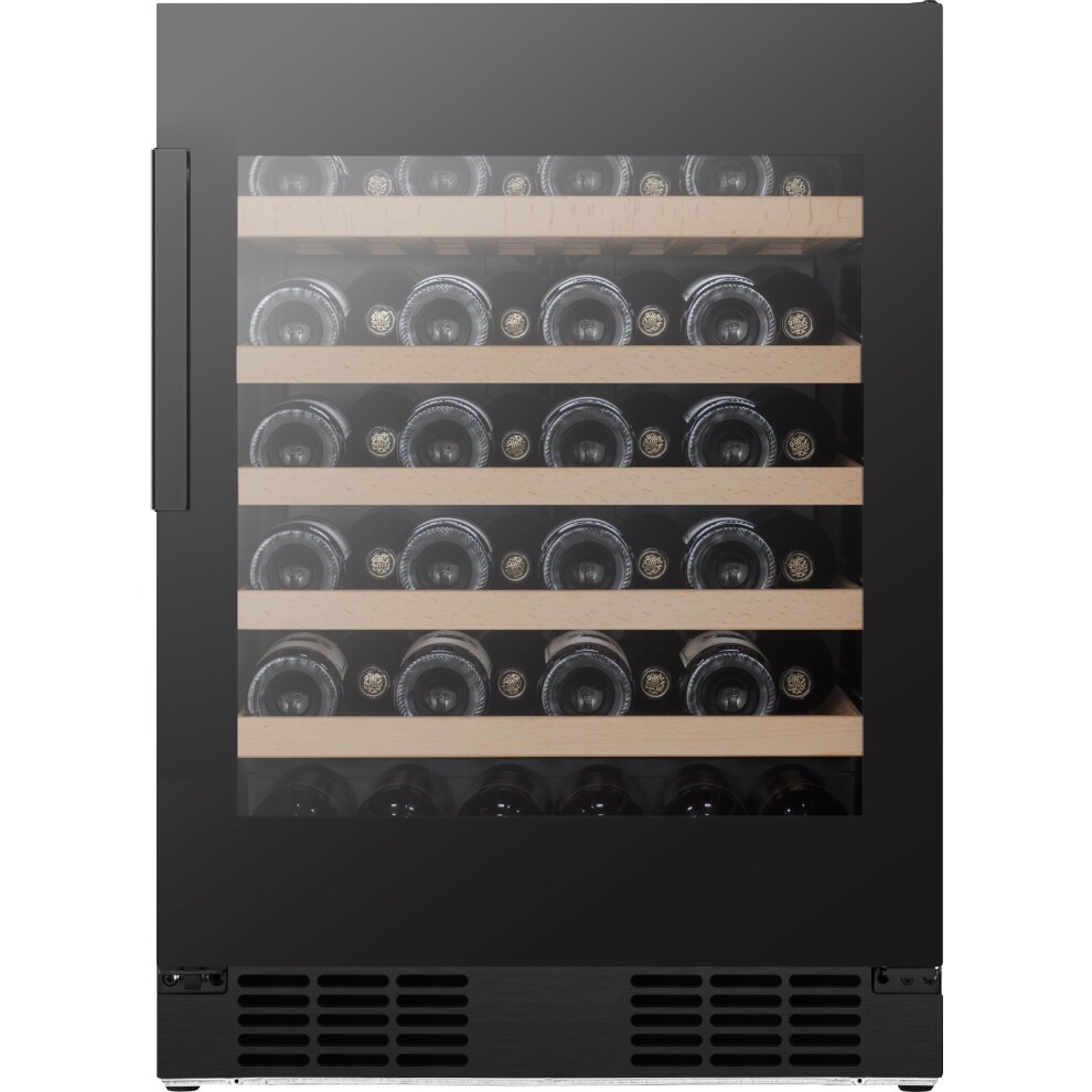 Black HISENSE RW3N132GSLF wine cooler featuring a glass door, wooden shelves, and capacity for multiple bottles, designed for optimal wine storage.
