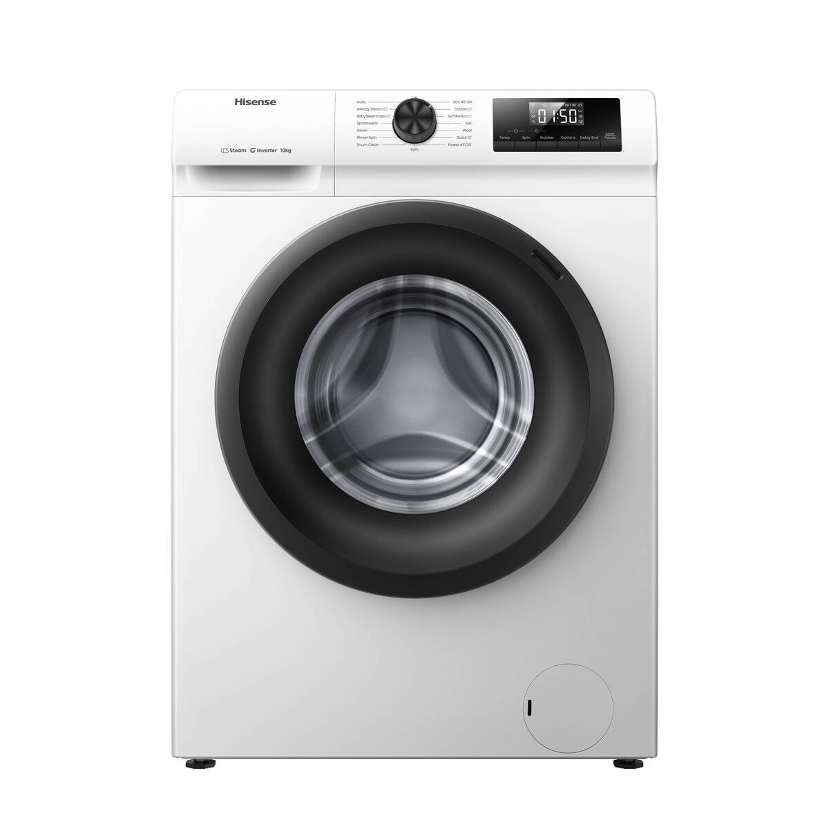 White Hisense 1 Series WF1Q1041BW washing machine with a 10 kg capacity, 1400 RPM spin speed, front-loading design, and a digital display with control knobs.