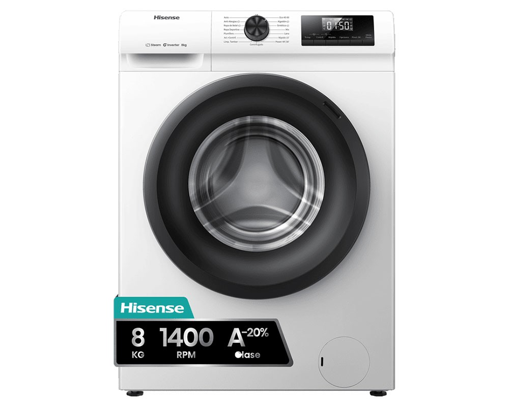 White front-loading washing machine with a large black door, digital display, and control panel, featuring an 8 kg capacity and 1400 RPM spin speed.