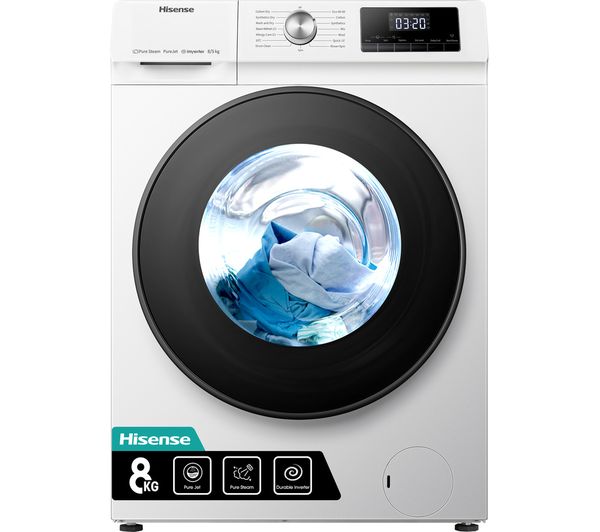 White front-loading washing machine with a large circular glass door, digital display, and control panel featuring various wash settings and a blue accent logo.