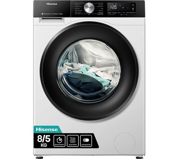 White Hisense WD3S8043BW3 washer dryer with a large glass door, displaying a load of laundry, featuring a digital control panel and WiFi connectivity icons.