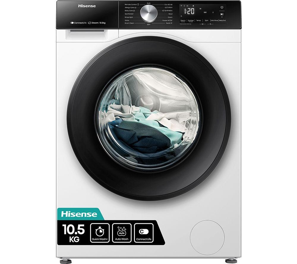 White freestanding washing machine with a black front door, 9kg capacity, 1400 spin speed, WiFi-enabled, featuring a digital display and control knob.
