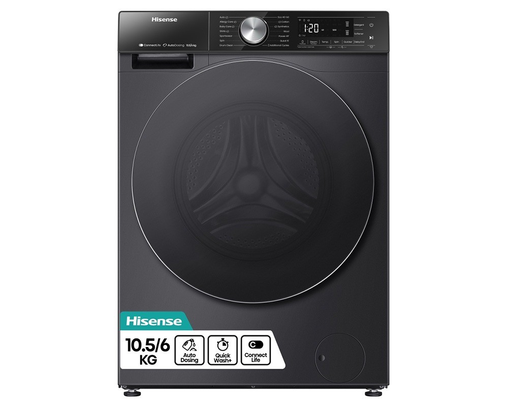 Black Hisense 5S Series washer dryer with a sleek front panel, featuring a large circular door, control buttons, and a display, labeled with 10.5/6 KG capacity and auto dosing feature.