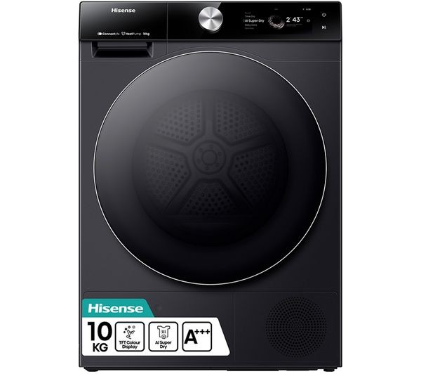 Black Hisense 7S Series DH7S107BB heat pump tumble dryer with a 10 kg capacity, featuring a circular door, control panel with display, and energy efficiency rating of A++.