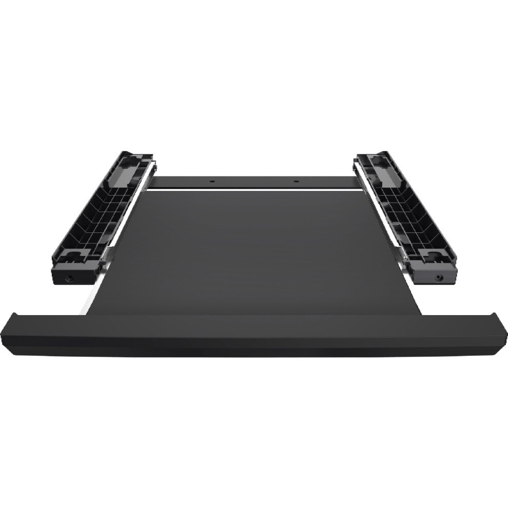Black sliding drawer with metallic sides and a smooth surface, designed for easy access and storage, featuring a sturdy build and modern aesthetic.
