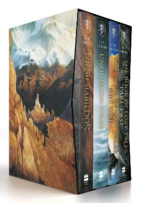 Boxed set of "The History of Middle-earth" featuring four hardcover books with illustrated spines, a mountain landscape on the box, and titles in gold lettering.