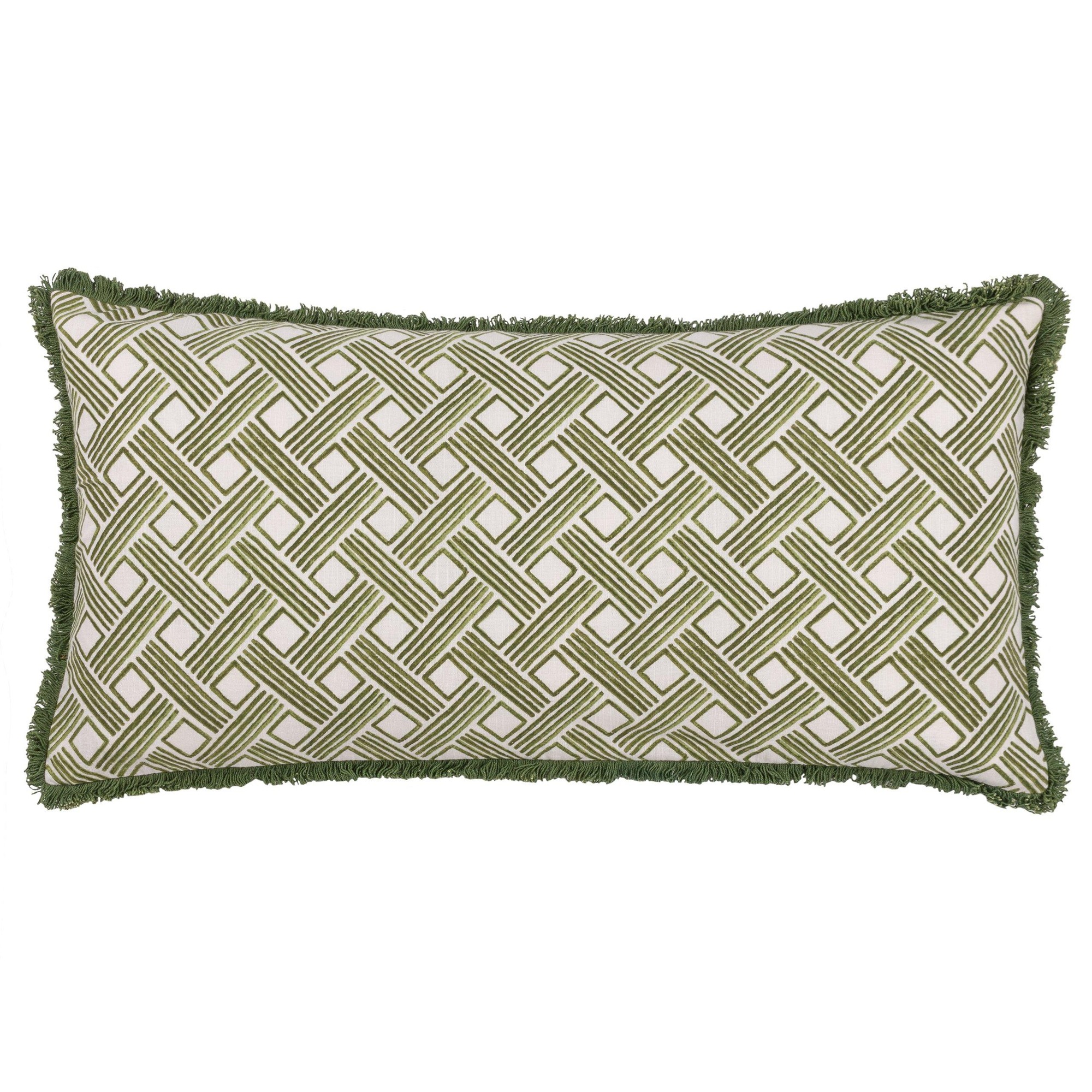 Olive green geometric patterned cushion with a textured weave design, featuring a fringed edge, made of cotton, measuring 30 cm x 60 cm.