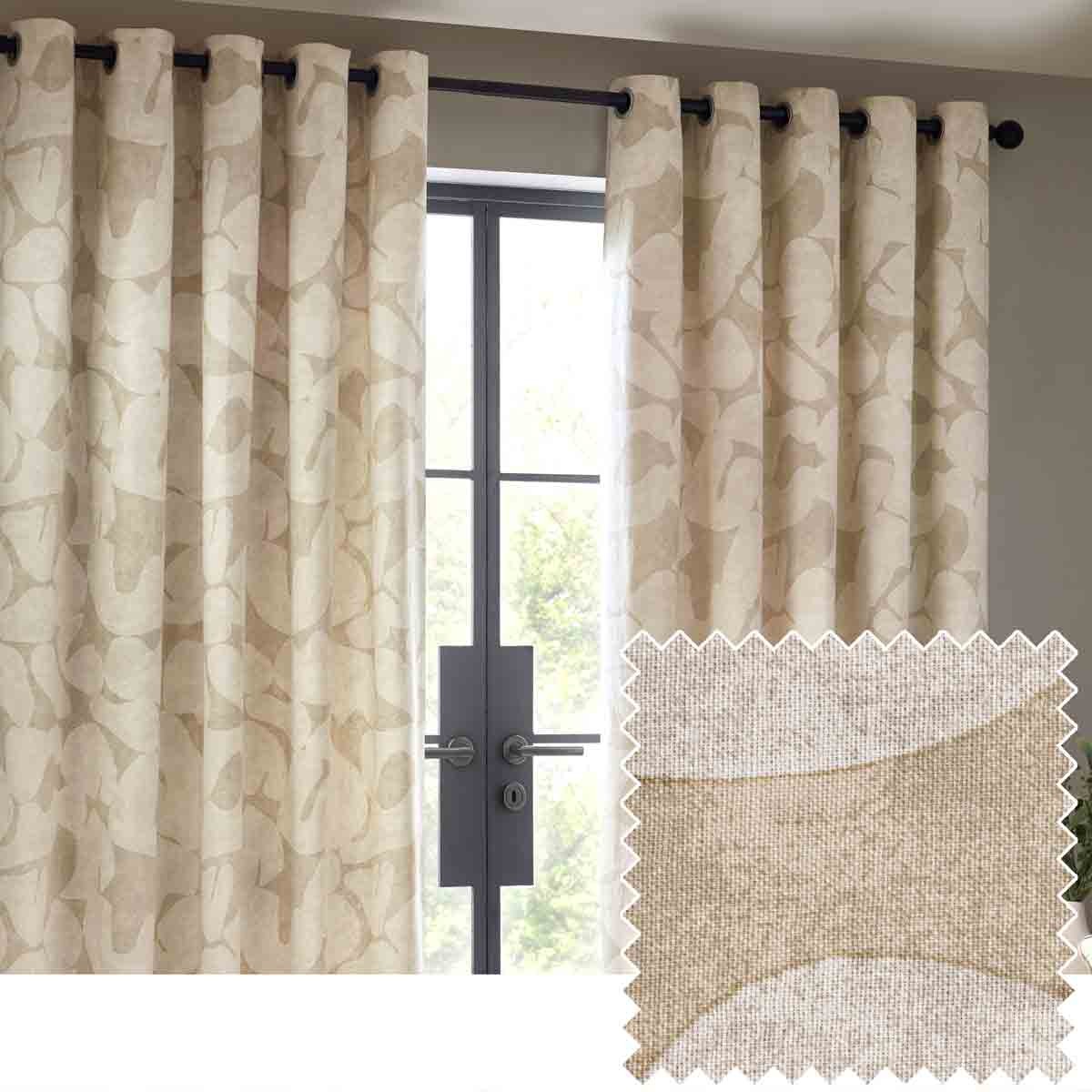 Brinn Abstract Geometric Room Darkening Eyelet Curtains feature a beige fabric with a subtle abstract pattern, designed with eyelet grommets for easy hanging.