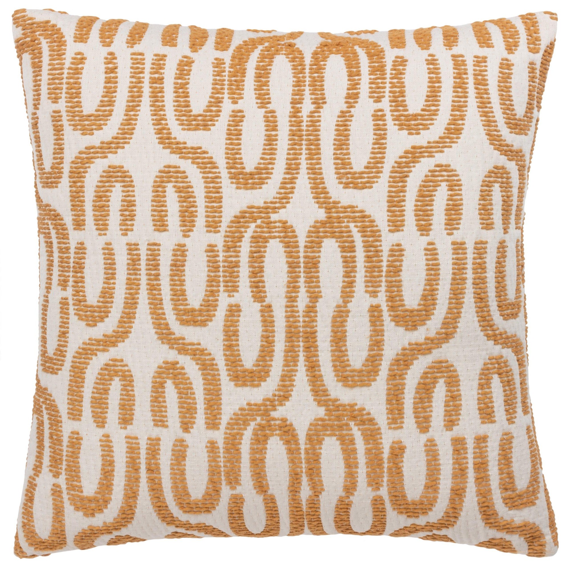 Yellow and white cotton cushion featuring an abstract loop pattern, measuring 50 cm x 50 cm, with a textured finish and a modern design by Hoem.