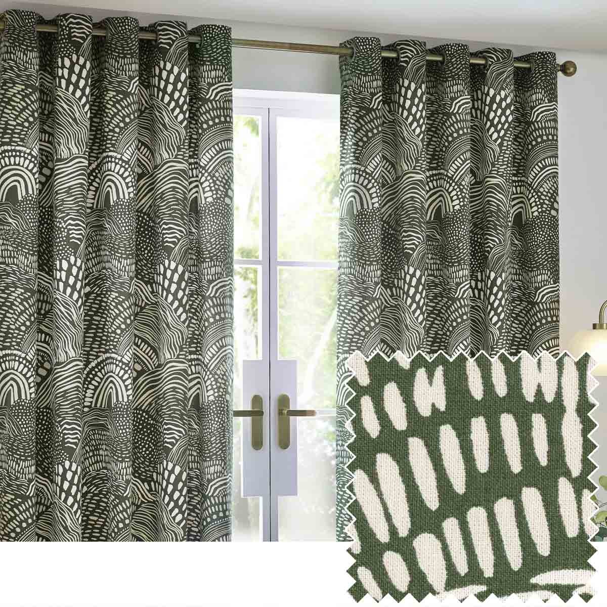 Green cotton curtains featuring an abstract pattern with wavy lines and shapes, measuring 229 cm x 229 cm, elegantly draped on a window with a gold curtain rod.