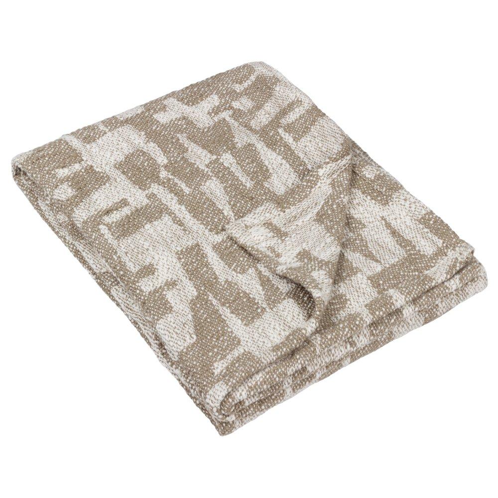 Beige and cream jacquard knit throw blanket featuring a textured, abstract pattern, made from soft, cozy material, perfect for adding warmth and style to any space.
