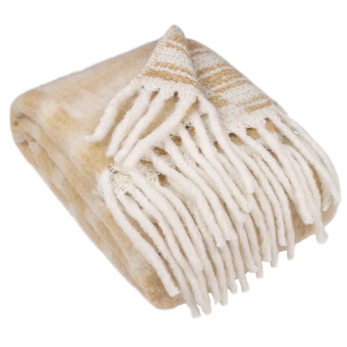Soft faux mohair throw in a warm beige and cream color with a textured striped pattern and fringed edges, perfect for cozying up in style.