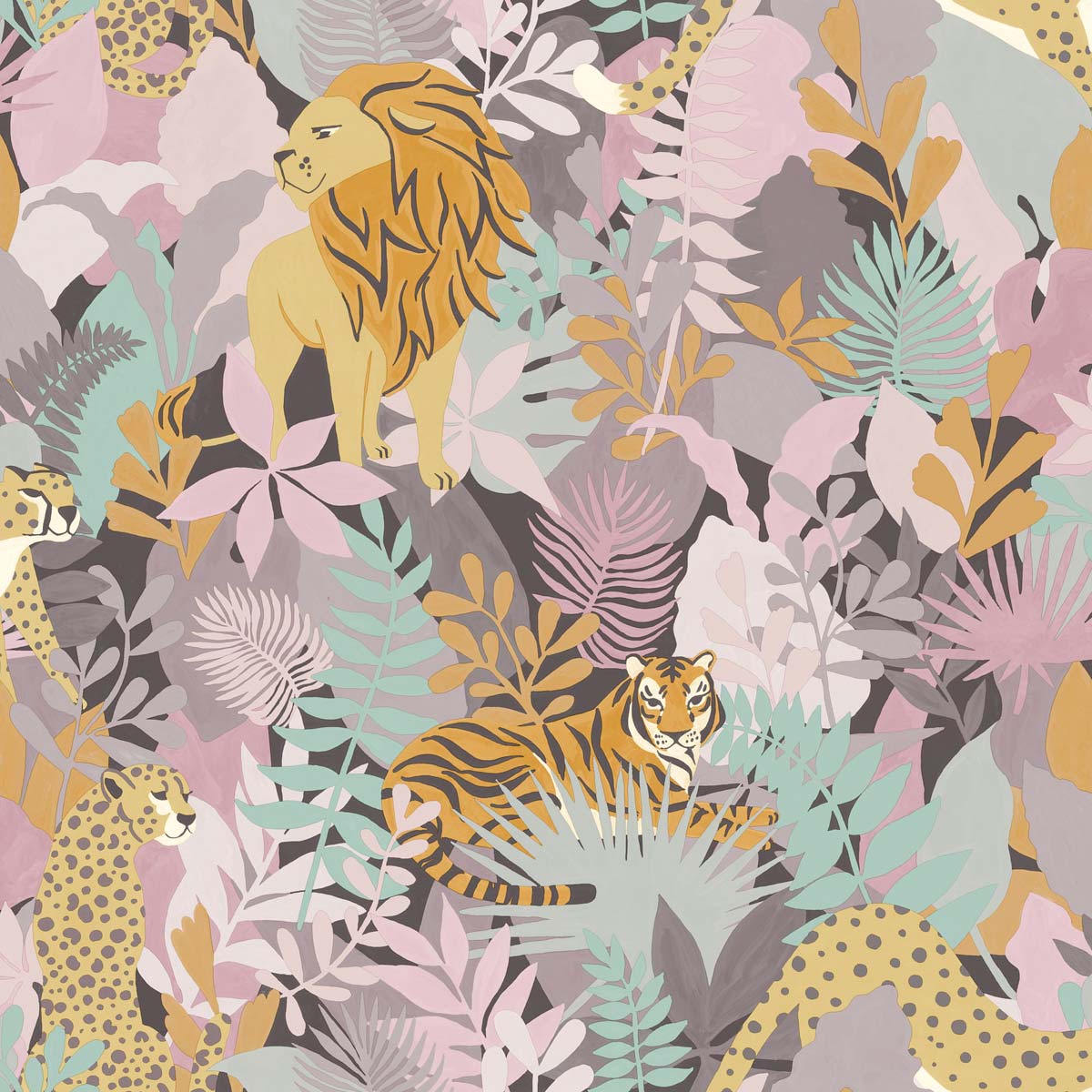 Colorful pink wallpaper featuring a jungle theme with illustrated lions, tigers, and leopards among tropical leaves and flowers in pastel shades.
