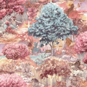 Astrology-themed wallpaper featuring pink and blue hues, intricate illustrations of trees, animals, and celestial symbols across a textured background.