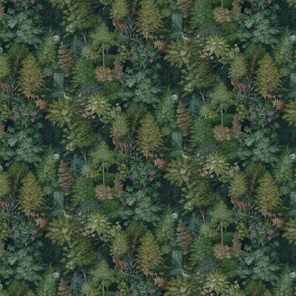 Midnight Woods Green Wallpaper features a lush, dense forest design with various shades of green, intricate foliage, and subtle floral accents, creating a natural, serene ambiance.