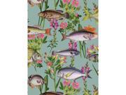 Teal wallpaper featuring a vibrant pattern of various fish and colorful flowers, showcasing a mix of aquatic life and botanical elements on a soft background.