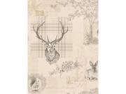 Richmond Highland Stag wallpaper features a charcoal and beige design with detailed stag and deer illustrations, set against a subtle plaid background and nature motifs.