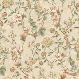 Floral bird trail wallpaper featuring cream background with delicate flowers and birds in soft pastel shades of pink, green, and beige, measuring 10m x 53cm.