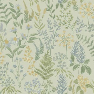 Floral sprig wallpaper featuring a soft green background adorned with delicate blue, yellow, and green botanical illustrations, ideal for covering 56 sq. ft.