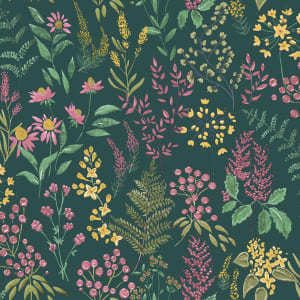Teal non-pasted wallpaper featuring a vibrant floral design with pink, yellow, and green flowers and foliage, ideal for covering 56 sq. ft.