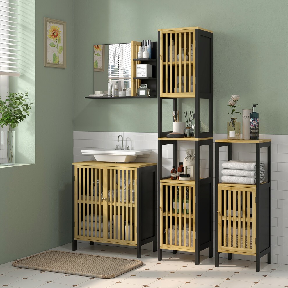 HOMCOM 2 Door 2 Shelf Black Bamboo Tall Bathroom Cabinet - image 2