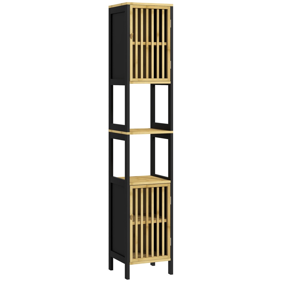 Tall bathroom cabinet featuring a black frame and bamboo shelves, with adjustable shelving and slatted doors for ventilation.