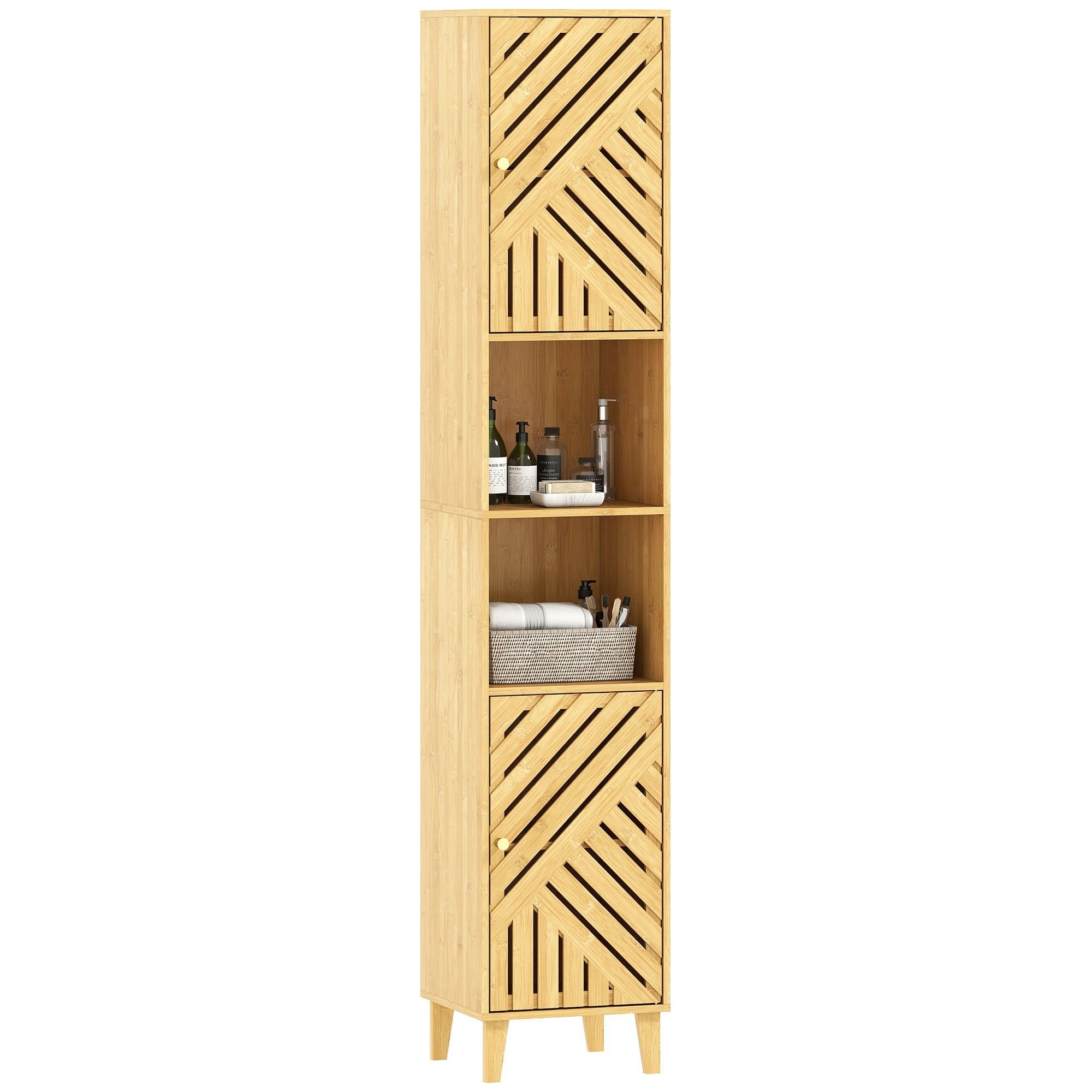 Tall natural wood bathroom cabinet featuring open compartments, adjustable shelves, and decorative slatted doors for stylish storage.
