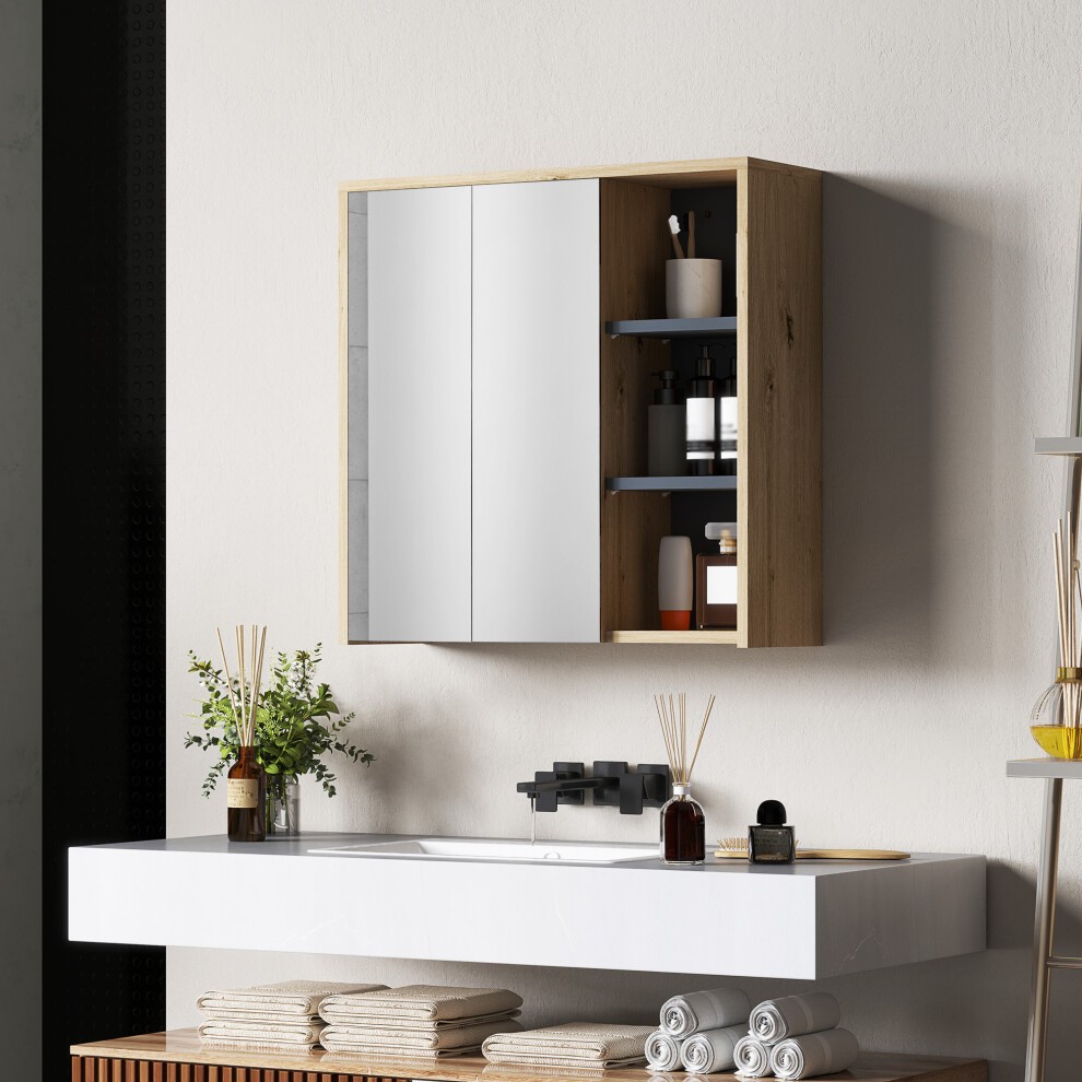HOMCOM 2 Door 3 Shelf Natural Wall Mounted Mirror Bathroom Storage Cabinet - image 2