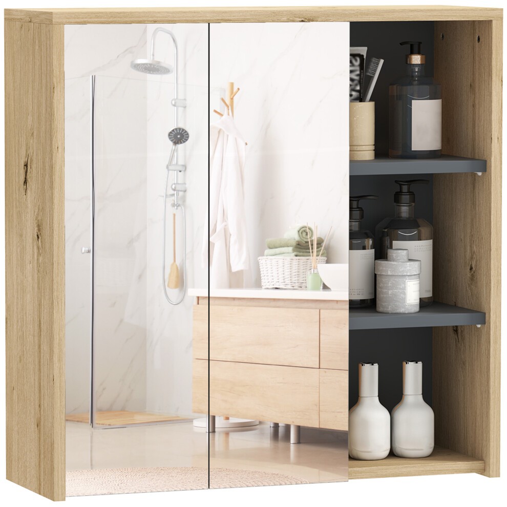 Wall-mounted bathroom cabinet in natural wood finish with a mirrored front, featuring two shelves for storage and a sleek, modern design suitable for various decor styles.