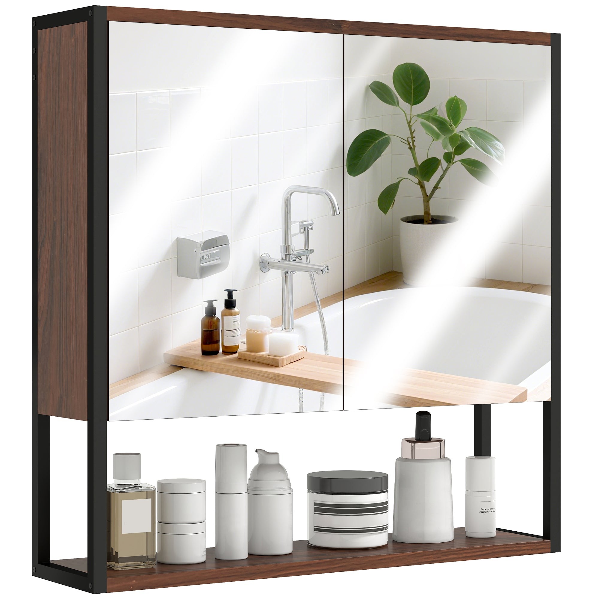Industrial-style bathroom cabinet with two mirrored doors, open wooden shelf, and black metal frame; features a natural wood finish and displays various toiletries.