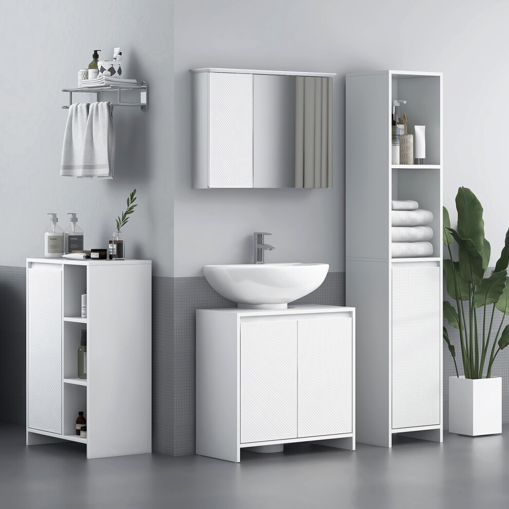 Narrow white bathroom cabinet with a slim design, featuring two doors and open shelves, complementing a modern bathroom setup with a sink and mirror.