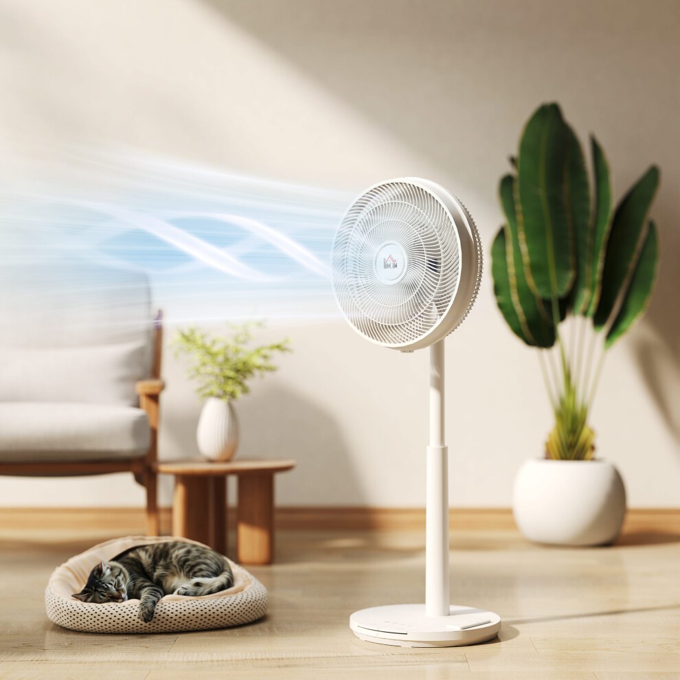 White Homcom pedestal fan with oscillating and tilt features, sleek design, standing on a smooth base, next to a cozy pet bed and a cat lounging in a bright, modern room.