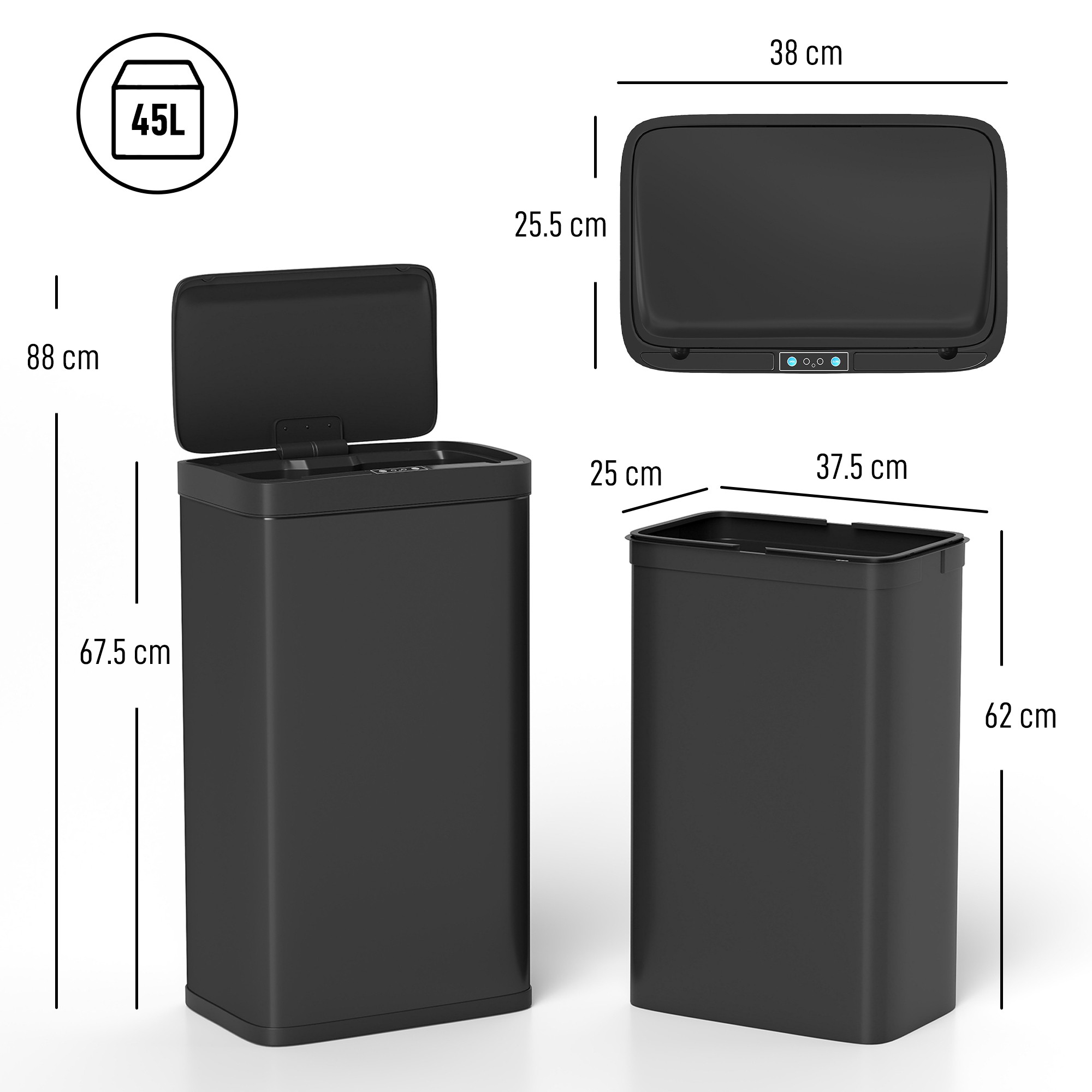 HOMCOM 45L Kitchen Sensor Bin - Black - image 3