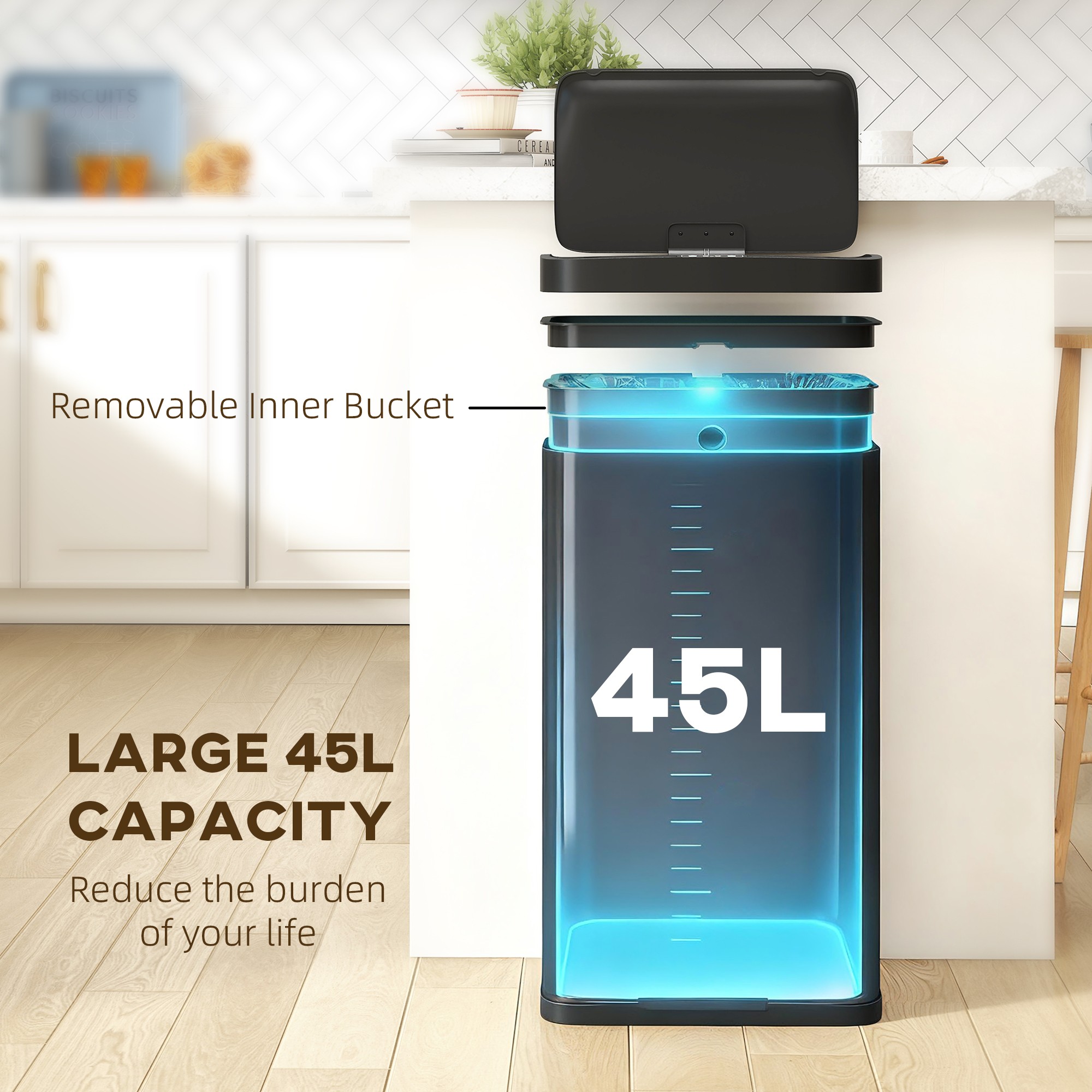 HOMCOM 45L Kitchen Sensor Bin - Black - image 5