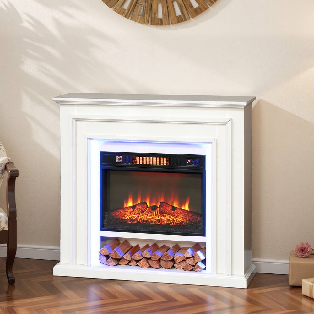 White electric fireplace with a mantel, featuring a realistic flame effect, storage for logs, and blue LED accents, designed to heat spaces up to 30 m².