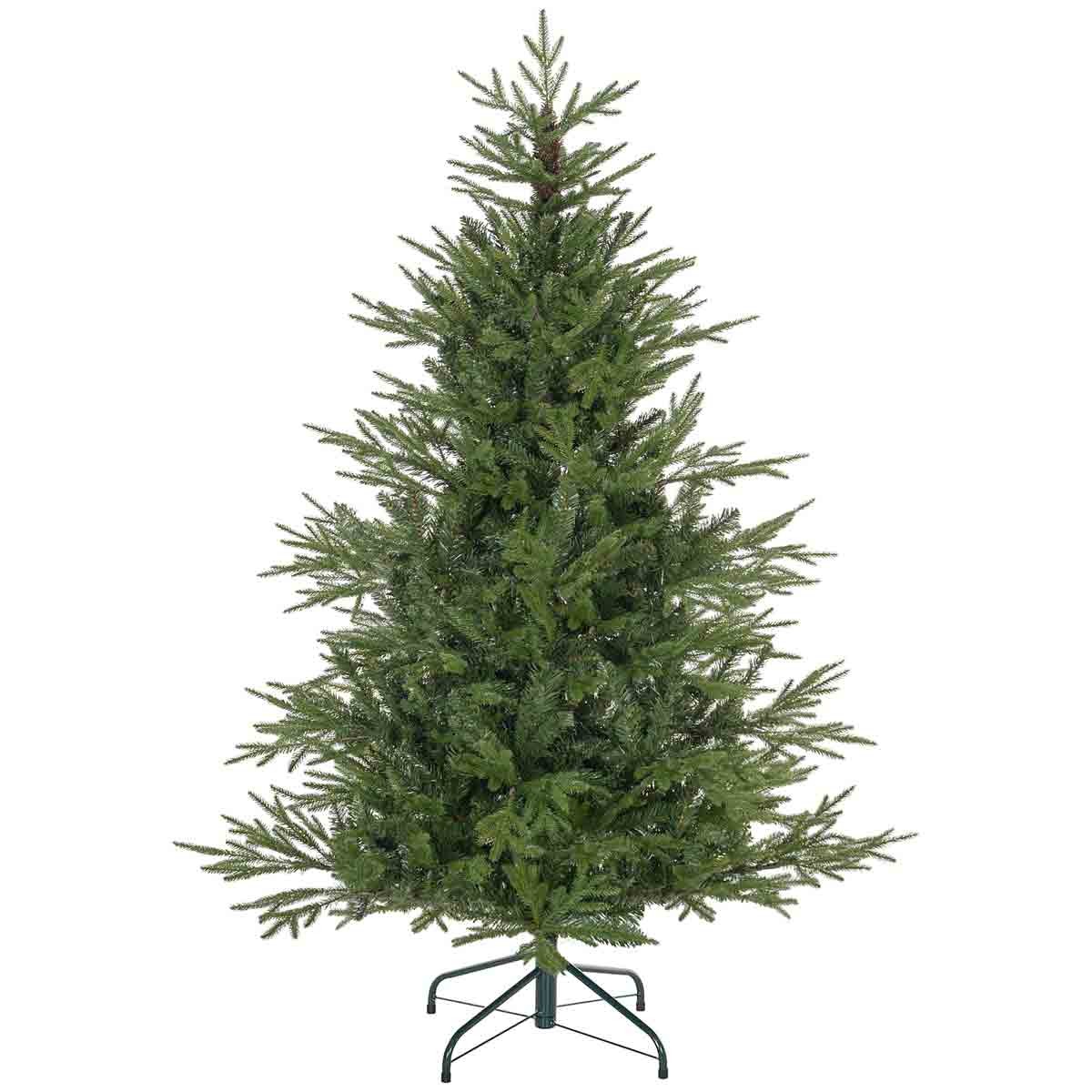 5ft artificial Christmas tree in green with hinged tips and a sturdy metal base, featuring a full, bushy appearance ideal for holiday decorations.