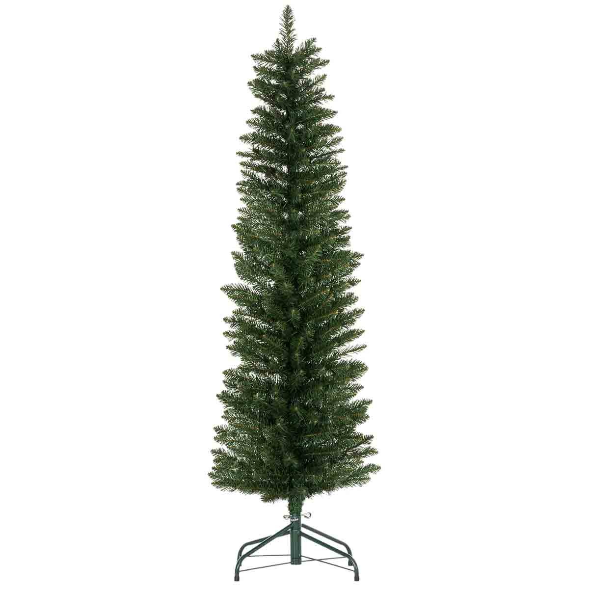 Tall, slim artificial Christmas tree in green with a metal base, featuring realistic needle-like branches, ideal for small spaces and festive decor.