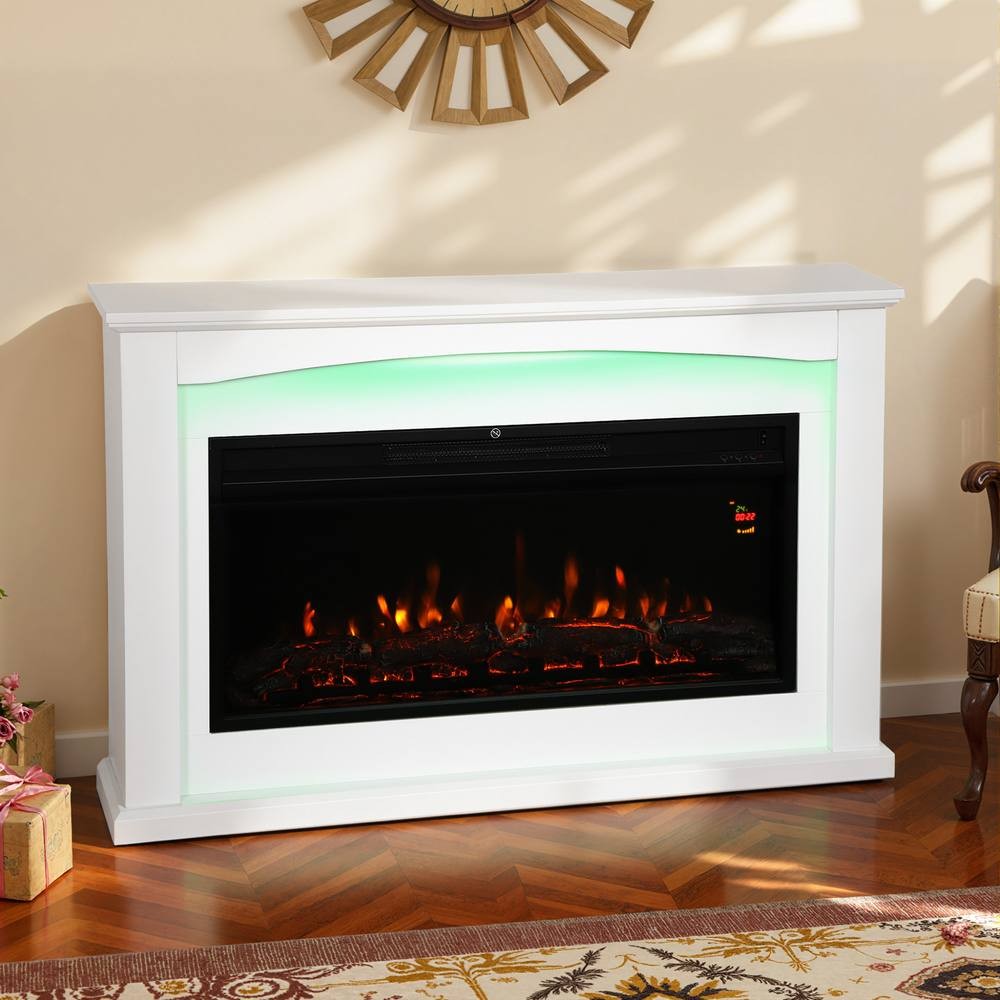 White electric fireplace with a sleek mantel, featuring a glowing LED strip, realistic flame effect, and a modern design suitable for spaces up to 30 m².