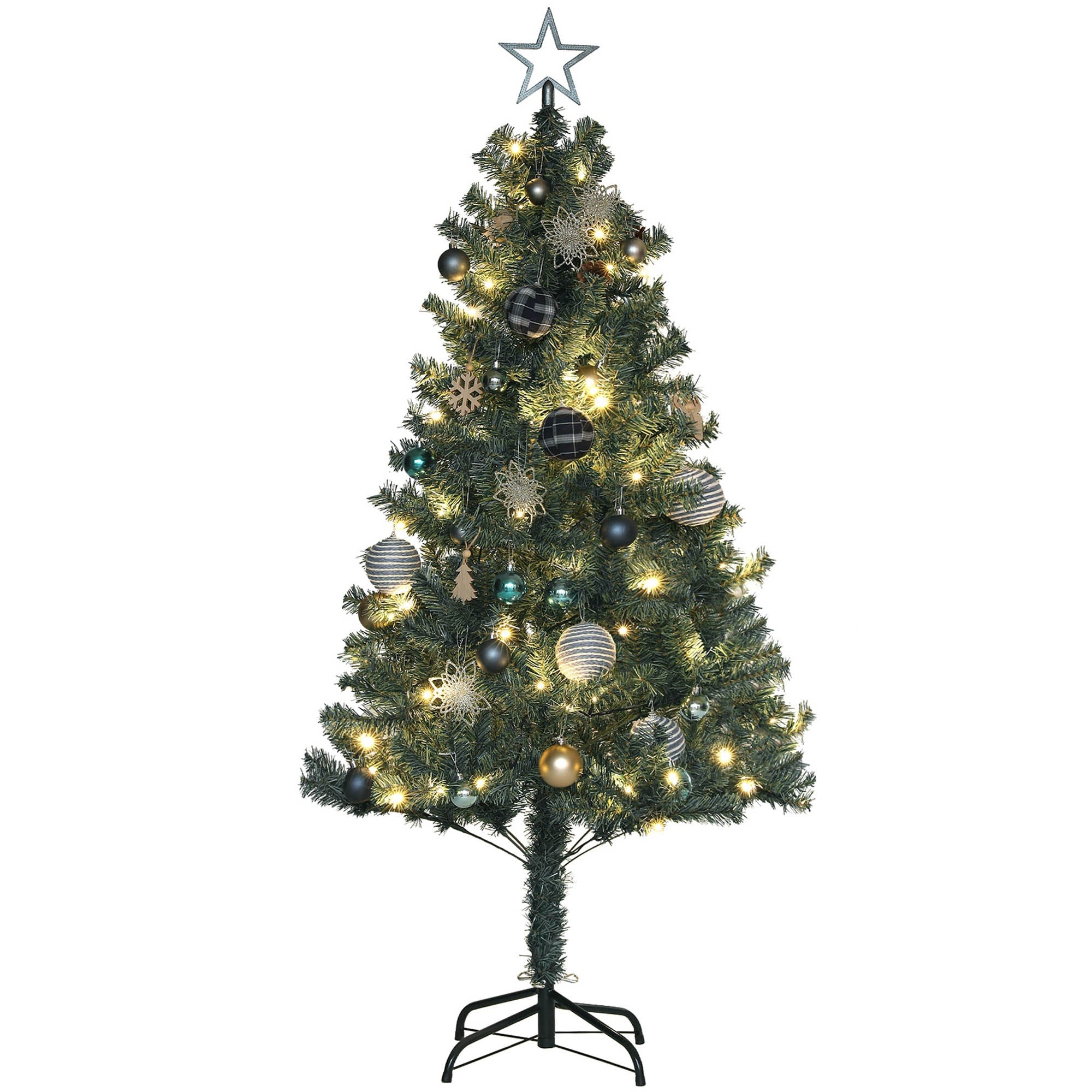 5ft artificial Christmas tree with blue and silver decorations, prelit with warm LED lights, featuring a star topper and a sturdy black metal stand.