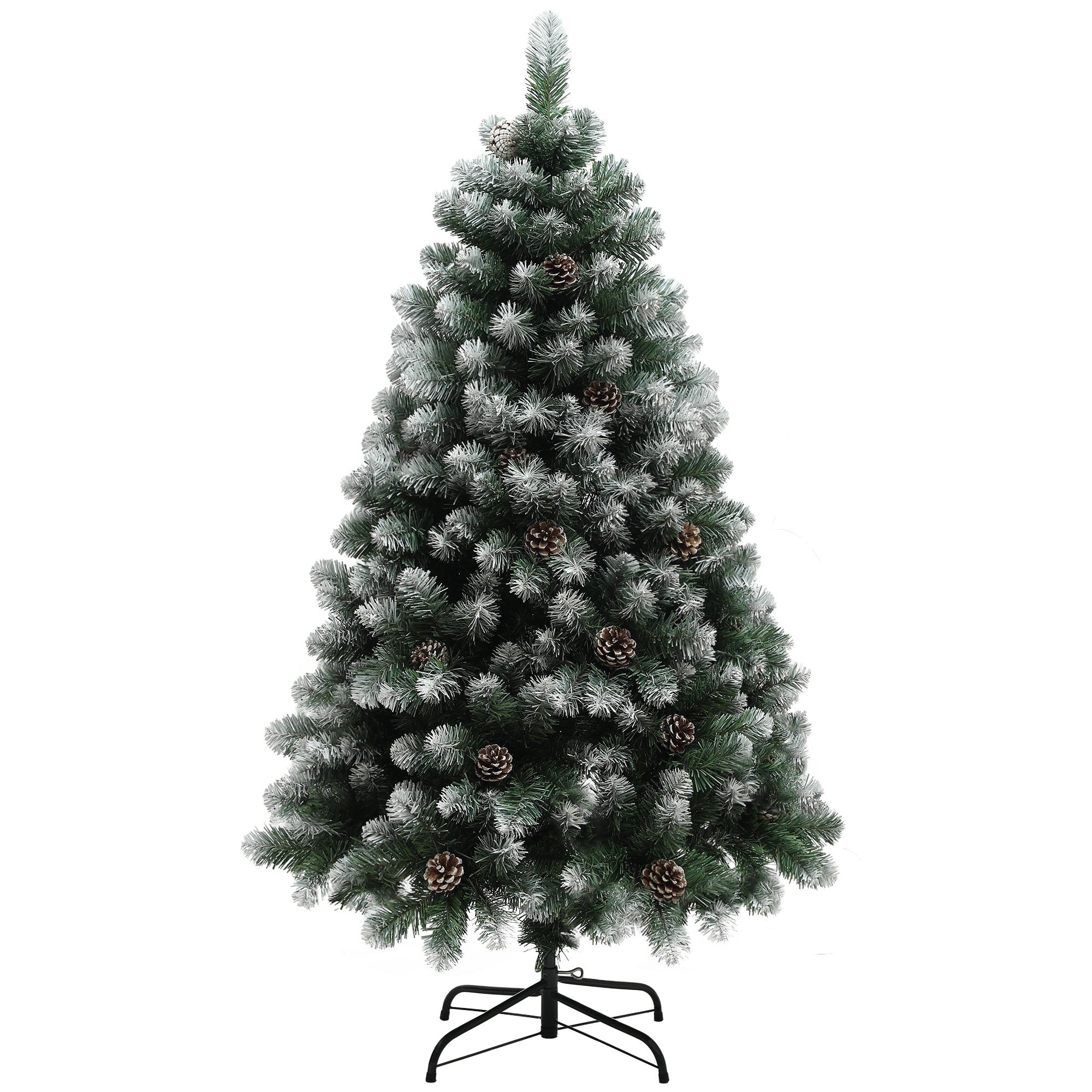 Green artificial pine Christmas tree, 5ft tall, featuring frosted branches and pinecones, supported by a sturdy black steel base.