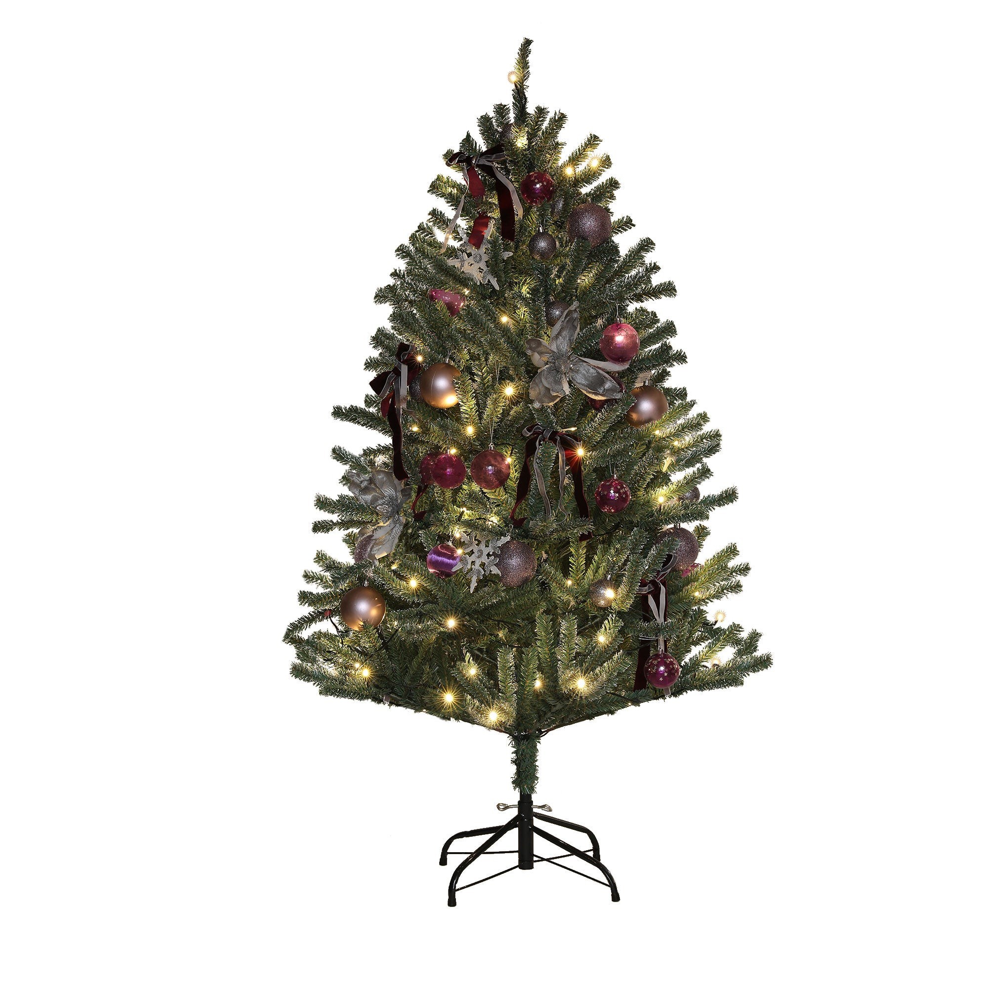 5ft artificial Christmas tree with green branches, prelit with LED lights, adorned with purple ornaments and silver accents, featuring a sturdy black metal stand.