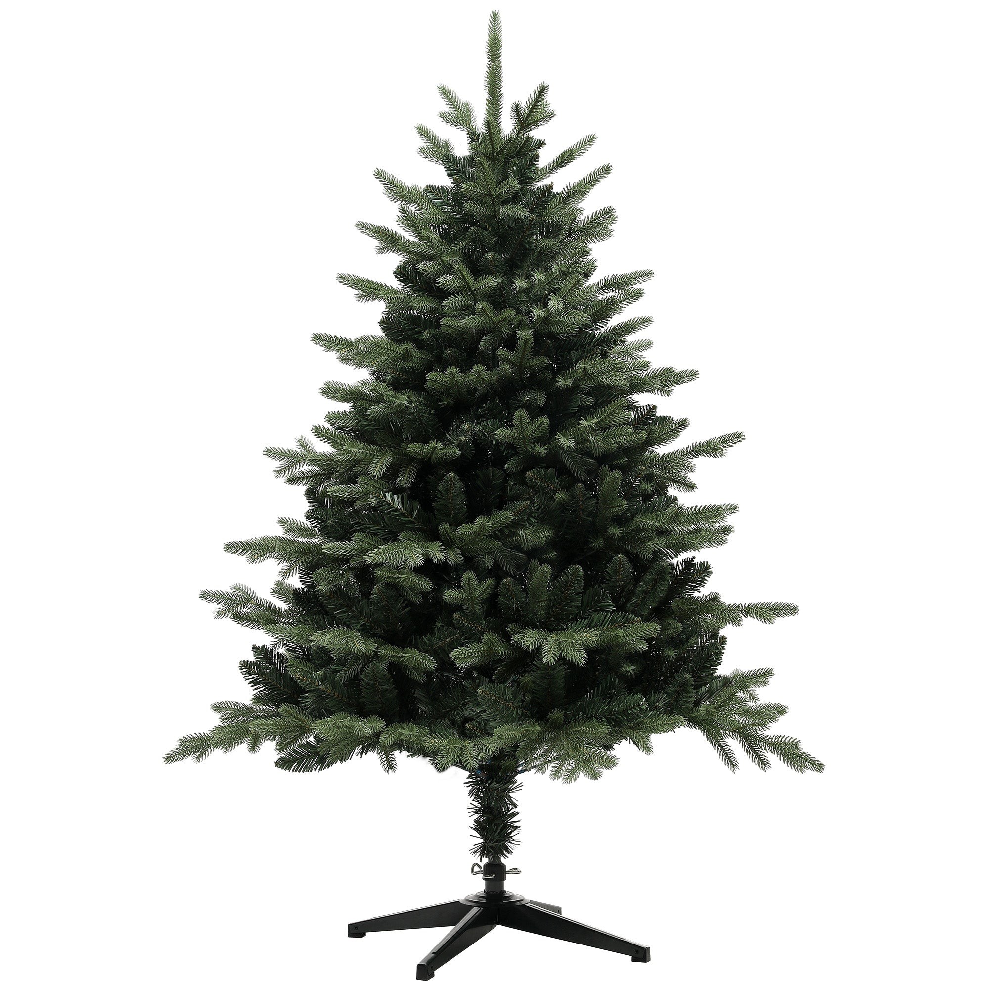 5ft artificial spruce Christmas tree with 1121 green branches, featuring a sturdy black stand for stability, perfect for holiday decorations.