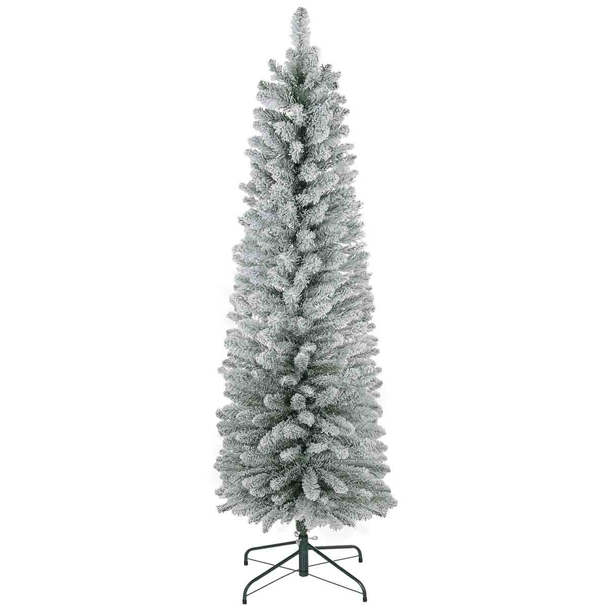 5ft artificial pencil Christmas tree in white with a fluffy, snow-like appearance, featuring a sturdy metal base for stability.