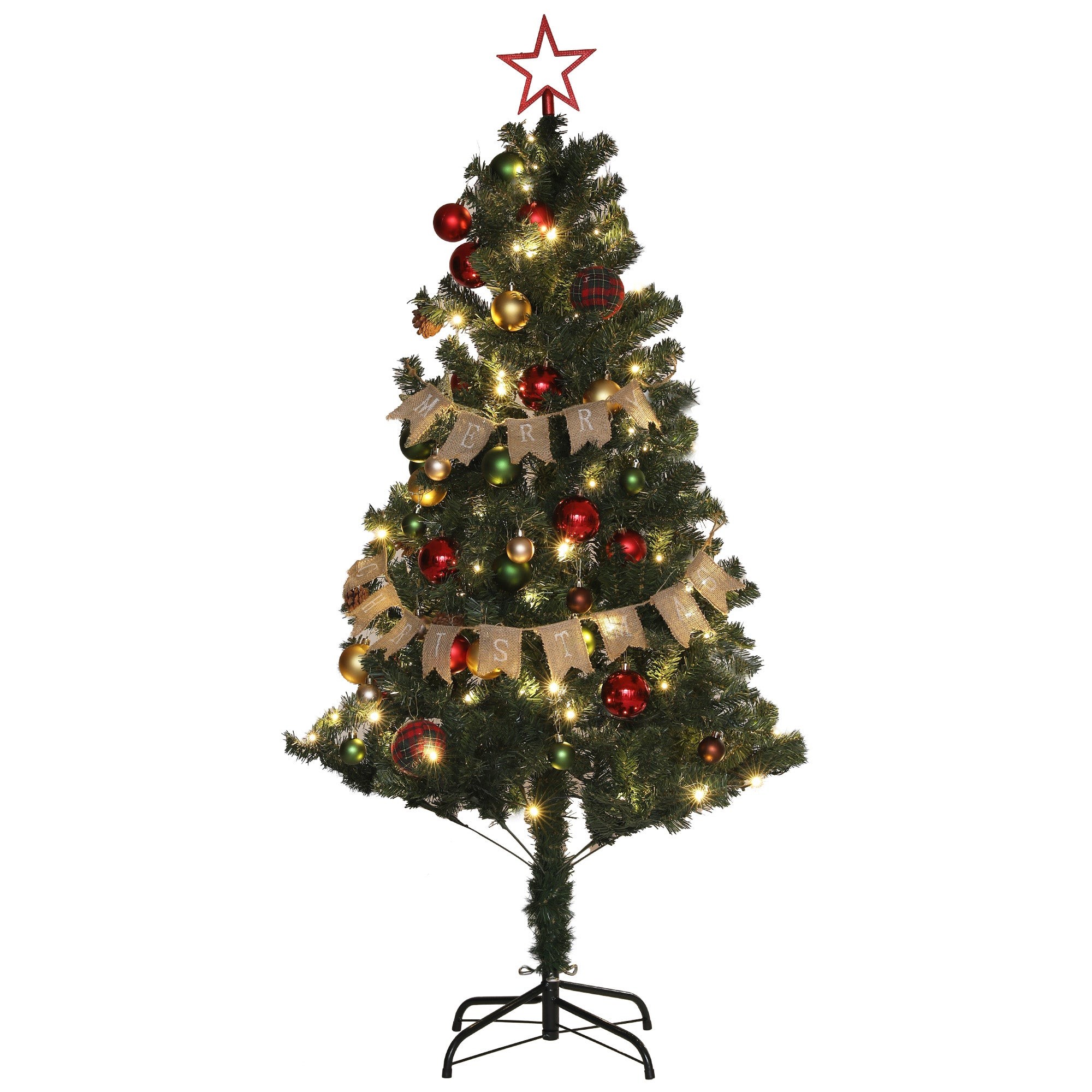 5ft artificial Christmas tree adorned with red and gold ornaments, burlap banner, and prelit LED lights, topped with a red star, set on a black metal stand.