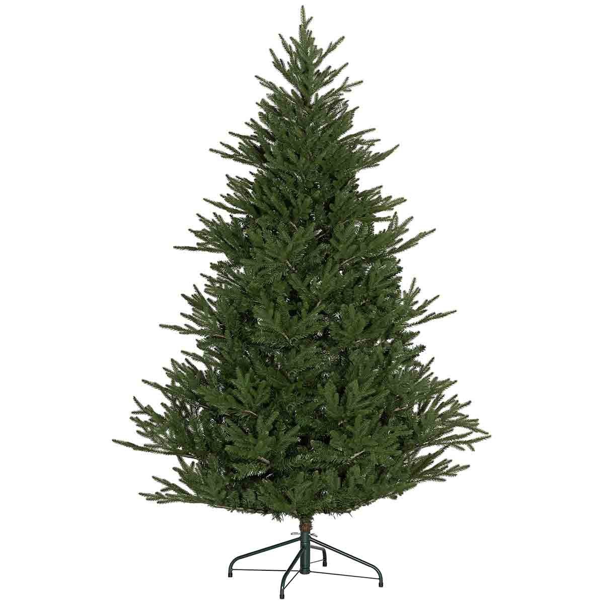 6ft artificial Christmas tree in green with hinged tips and a sturdy metal base, designed for easy setup and a realistic appearance.