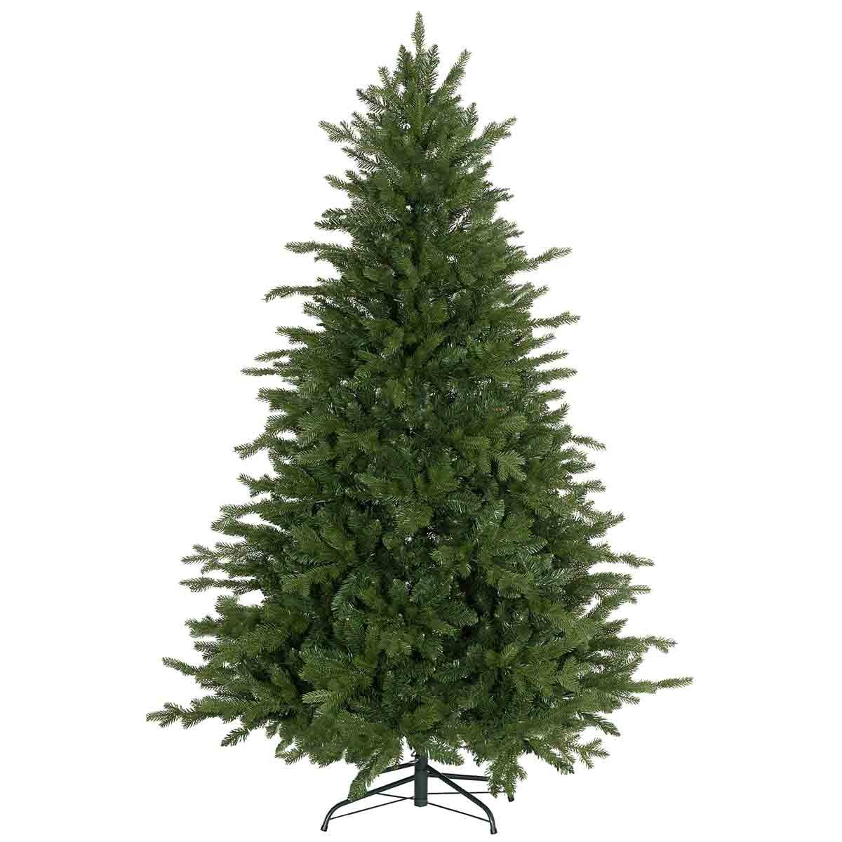 Green artificial Christmas tree with hinged branches and a sturdy metal base, designed to resemble a natural pine tree.