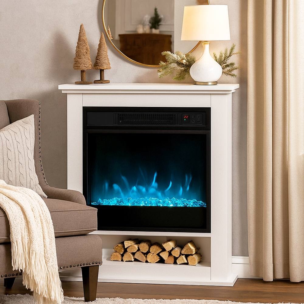 White electric fireplace with remote control and timer, featuring a glowing blue flame effect, surrounded by a cozy living room setup with a beige armchair and decorative items.