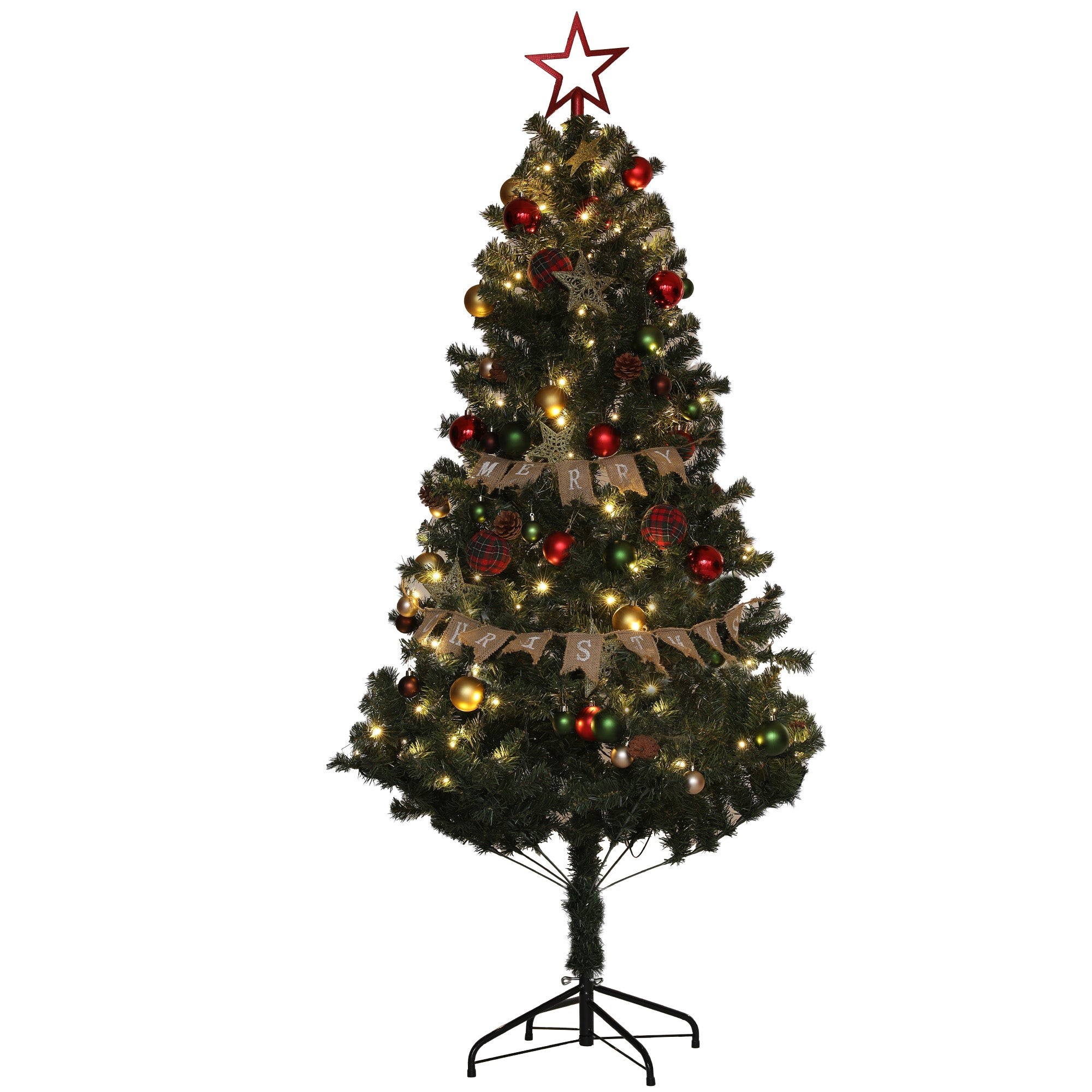 6ft artificial Christmas tree adorned with blue and gold ornaments, red baubles, and a star topper, featuring warm LED lights and a festive "Merry Christmas" banner.