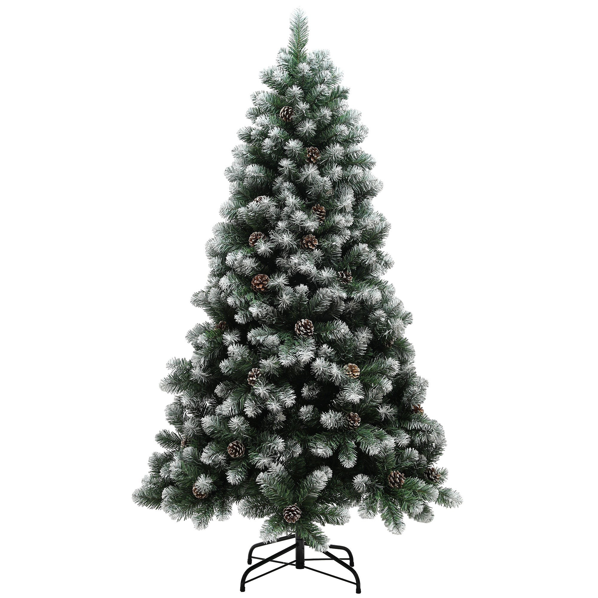 6ft artificial pine Christmas tree in green with frosted tips and pinecones, featuring a sturdy black steel base.