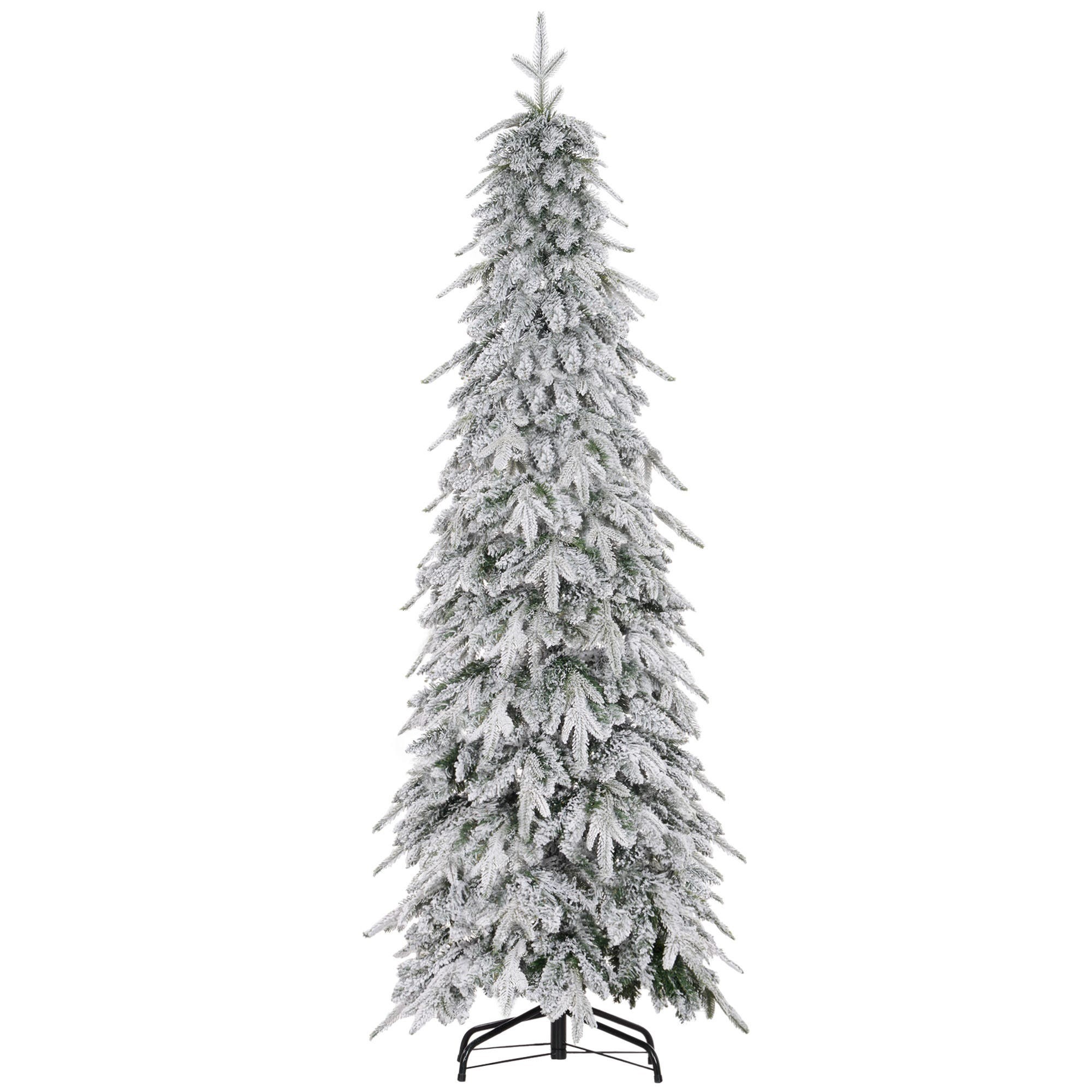 6ft green HOMCOM flocked pencil artificial Christmas tree with a snowy appearance, featuring a sturdy steel base and an auto-open design for easy setup.